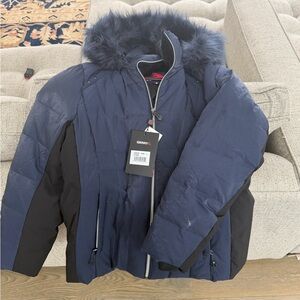 Gerry Weber Navy and Black Quilted Puffer Coat with Faux Fur Hood